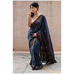 Handblock printed and handmade processed natural dyed mangalgiri cotton Ajrakh saree.