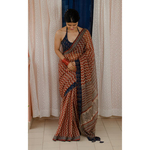 Hand block printed and natural dyed kota doria saree with natural dyed Ajrakh patch work border and tassel.