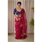 Handloom handembroidered organza resham silk saree enhanced with zari scallops.