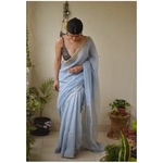 Handwoven linen by linen saree with jari pallu.