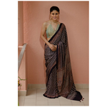 Handblock printed and handmade processed natural dyed gajji silk Ajrakh saree.