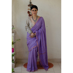 Handloom and Handembroidered chikankari muslin cotton saree with silver /copper jari border.