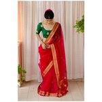 Handloom resham silk with woven jari motifs.