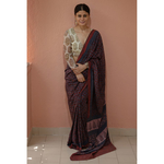 Handblock printed and handmade processed natural dyed Georgette silk Ajrakh saree.