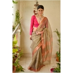 Handloom Maheswari tissue silk saree with woven zari border.