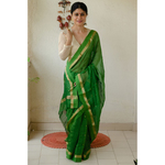 Handloom cotton silk chanderi saree with jari motifs.
