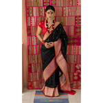Handloom katan Banarasi silk saree with woven motifs.
