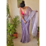 Handwoven metallic linen saree with silver/ golden jari bootis