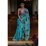 Handloom soft tissue silk chanderi saree with hand embroidered.