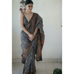 Handloom tussar silk saree in natural dyed handblock print.