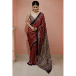 Handblock printed and handmade processed natural dyed gajji silk Ajrakh saree.