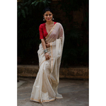 Handloom chaderi cotton silk saree with handwoven gold jari motifs in all over the saree and jari stripes in pallu.
