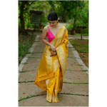 Handwoven kadhwa katan silk banarasi saree with gold jari motifs.