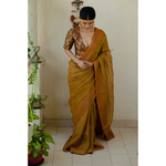 Handloom Metallic linen with inside patch borders in raw silk/satin silk/crepe silk.