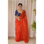Handloom handembroidered organza resham silk saree enhanced with zari scallops.
