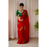 Handloom handembroidered organza resham silk saree enhanced with beads/kaddana /resham thread scallops.