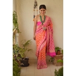 Handwoven khaddi georgette bhandhini banarasi saree with running blouse