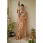 Handwoven linen by linen saree with jari pallu.
