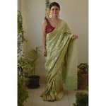 Handwoven katan silk banarasi saree with handwoven motifs.