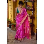 Handwoven Chanderi pattu silk saree with jari and silk thread meenakari motif
