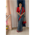 Hand block printed and natural dyed kota doria saree with natural dyed Ajrakh patch work border and tassel.