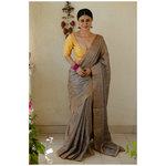 Handloom Metallic linen with inside patch borders in raw silksatin silkcrepe silk.