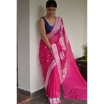 Handwoven chiffon banarasi saree with handwoven silver jari motifs.