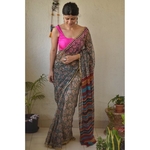 Hand block print natural dye handwoven chiffon saree.