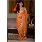 Handwoven kadwa chiffon banarasi saree with silver jari.
