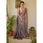 Handwoven metallic linen saree with silver golden jari bootis