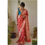 Handwoven katan silk banarasi saree with handwoven motifs.