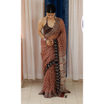 Hand block printed and natural dyed kota doria saree with natural dyed Ajrakh patch work border and tassel.