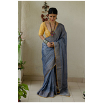 Handloom Metallic linen with inside patch borders in raw silksatin silkcrepe silk.