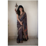 Handloom tussar silk saree in natural dyed handblock print.