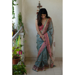 Kota silk saree in natural dyed handblock print with organza silkchiffon silk patch work border