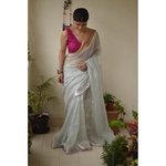 Handwoven jari warp linen saree with silver jari border