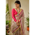 Handblock Printed Kota Silk Saree with handwoven organza natural dyed patch work border.