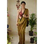 Small Handblock printed and handmade natural dyed Crepe silk Ajrakh saree.