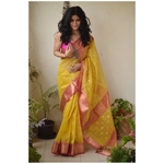 Handwoven Chanderi tissue silk saree with meenakari bootis motif and border.