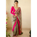 Kota silk saree in natural dyed handblock print with organza silk/chiffon silk patch work border.