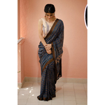 Handblock printed and handmade processed natural dyed mangalgiri cotton Ajrakh saree.