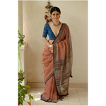 Hand block printed and natural dyed kota doria saree with natural dyed Ajrakh patch work border and tassel.