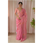 Handloom handembroidered chanderi tissue silk saree enhanced with resham thread scallops.
