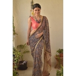Hand block print natural dye handwoven chiffon saree.