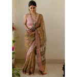 Kota silk saree in natural dyed handblock print with organza silk/chiffon silk patch work border.