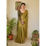 Handwoven metallic linen saree with silver golden jari bootis