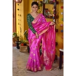 Handwoven Chanderi pattu silk saree with jari and silk thread meenakari motif
