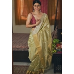 Handwoven chanderi silk saree with gold and silver jari woven border and jari bootis motifs