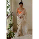 Handwoven twill metallic linen saree with jamdani motifs in pallu.