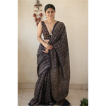 Handloom tussar silk saree in natural dyed handblock ajrak print.